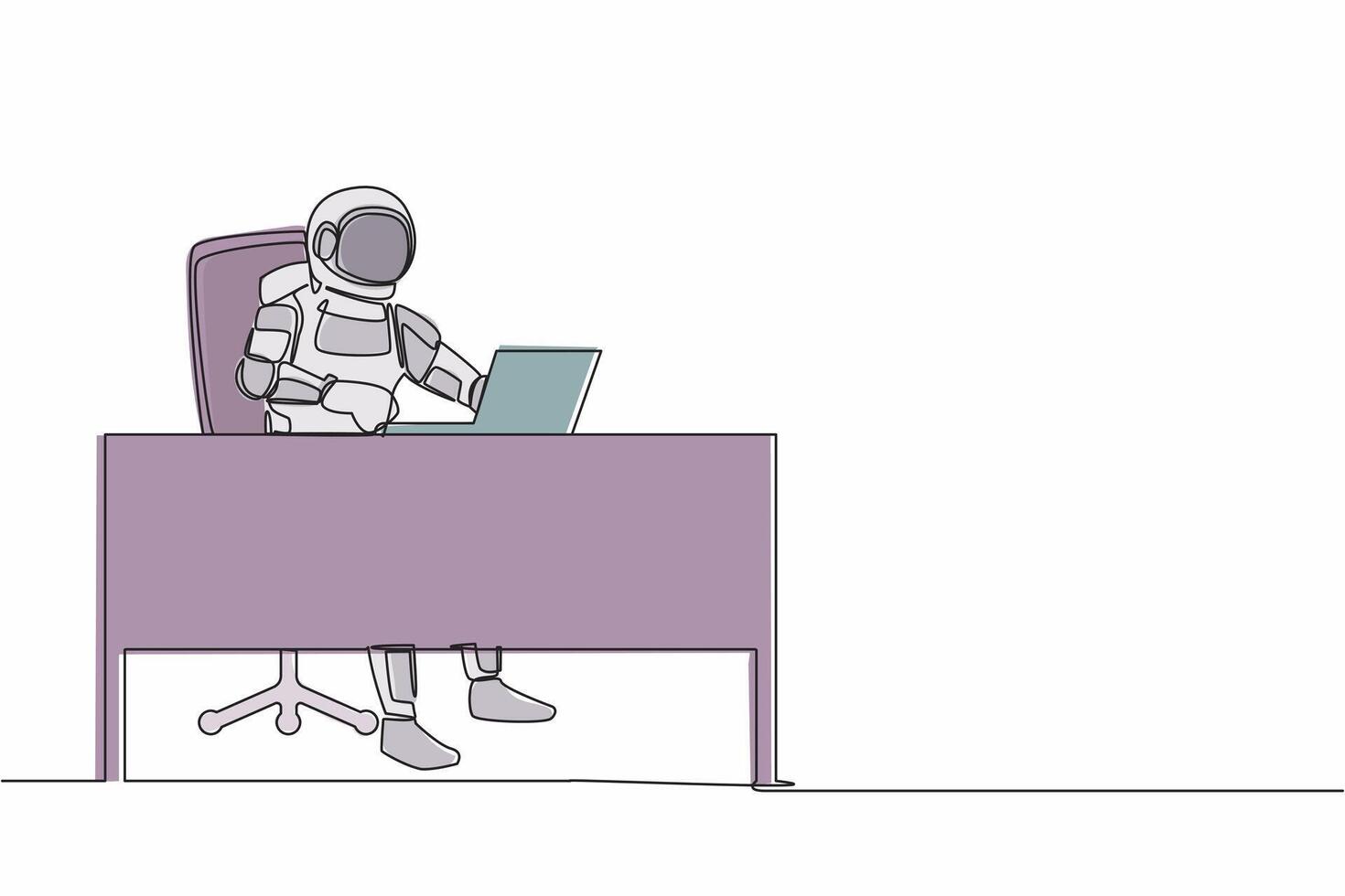 Continuous one line drawing astronaut typing and sending messages at working desk. Researching preparations for launching spacecraft. Cosmonaut outer space. Single line draw design vector illustration