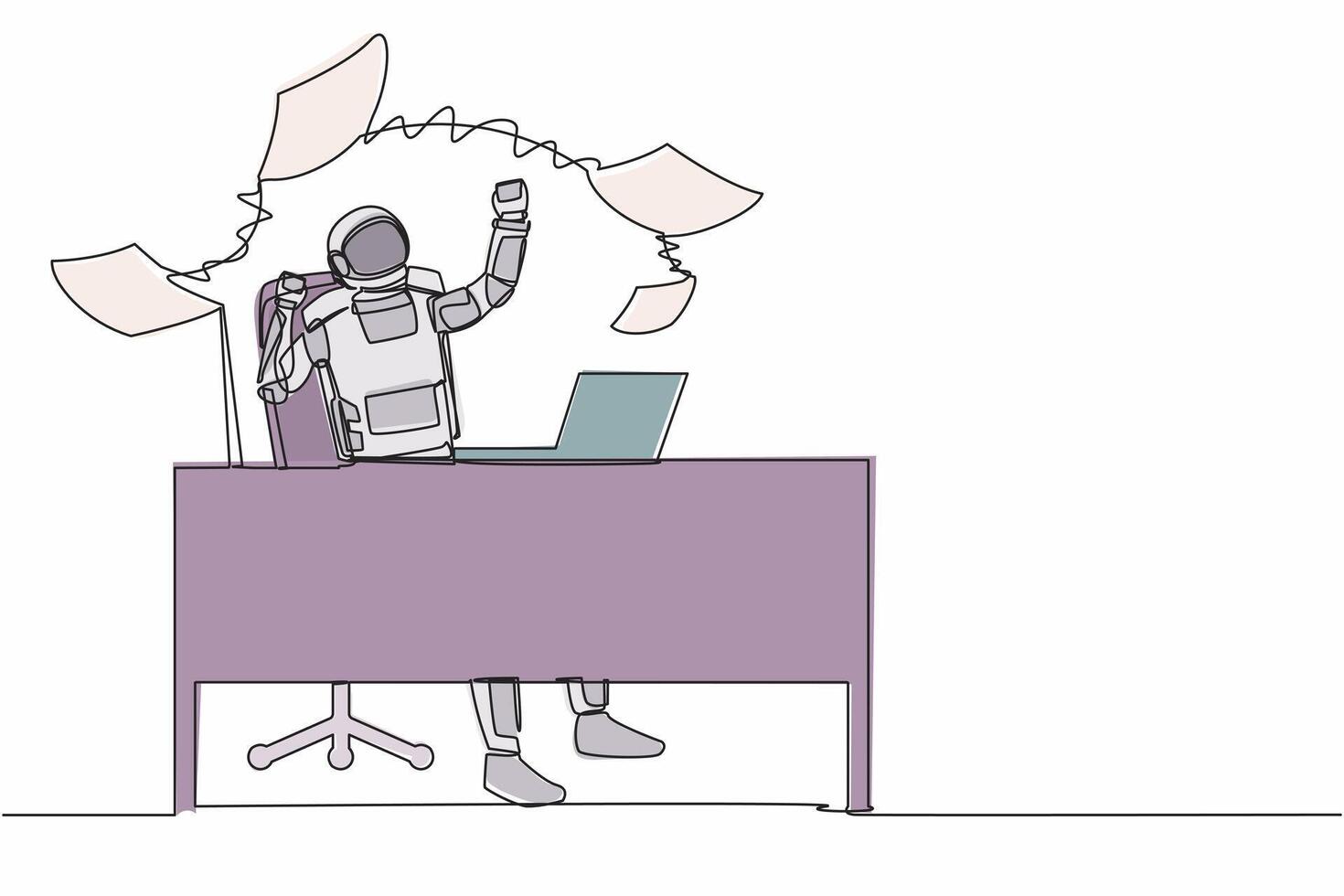 Single one line drawing happy astronaut throwing paper documents in air at working desk. Enjoying space business success. Cosmic galaxy space. Continuous line draw graphic design vector illustration