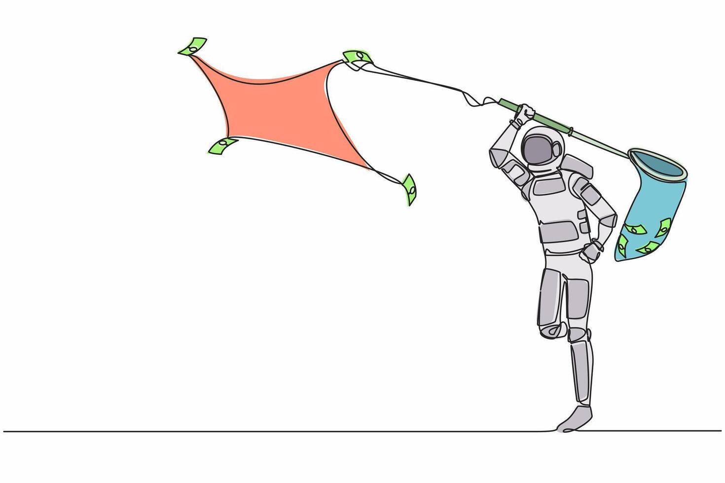 Single one line drawing astronaut trying to catch flying banknote money with net. Collecting spaceship funding from many company. Cosmic galaxy space. Continuous line draw design vector illustration