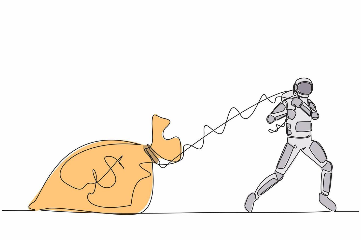 Single continuous line drawing astronaut pulling heavy money bag in moon surface. Big responsibility for funding space shuttle project. Cosmonaut deep space. One line draw design vector illustration