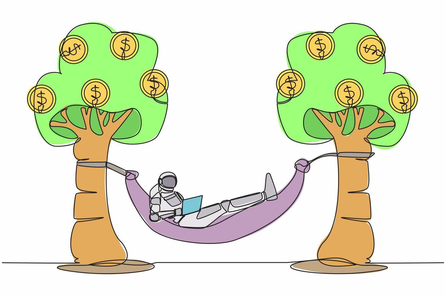 Single one line drawing of astronaut typing with laptop in hammock tied on money tree with dollar coin. Relaxing after space expedition. Cosmic galaxy space. Continuous line design vector illustration