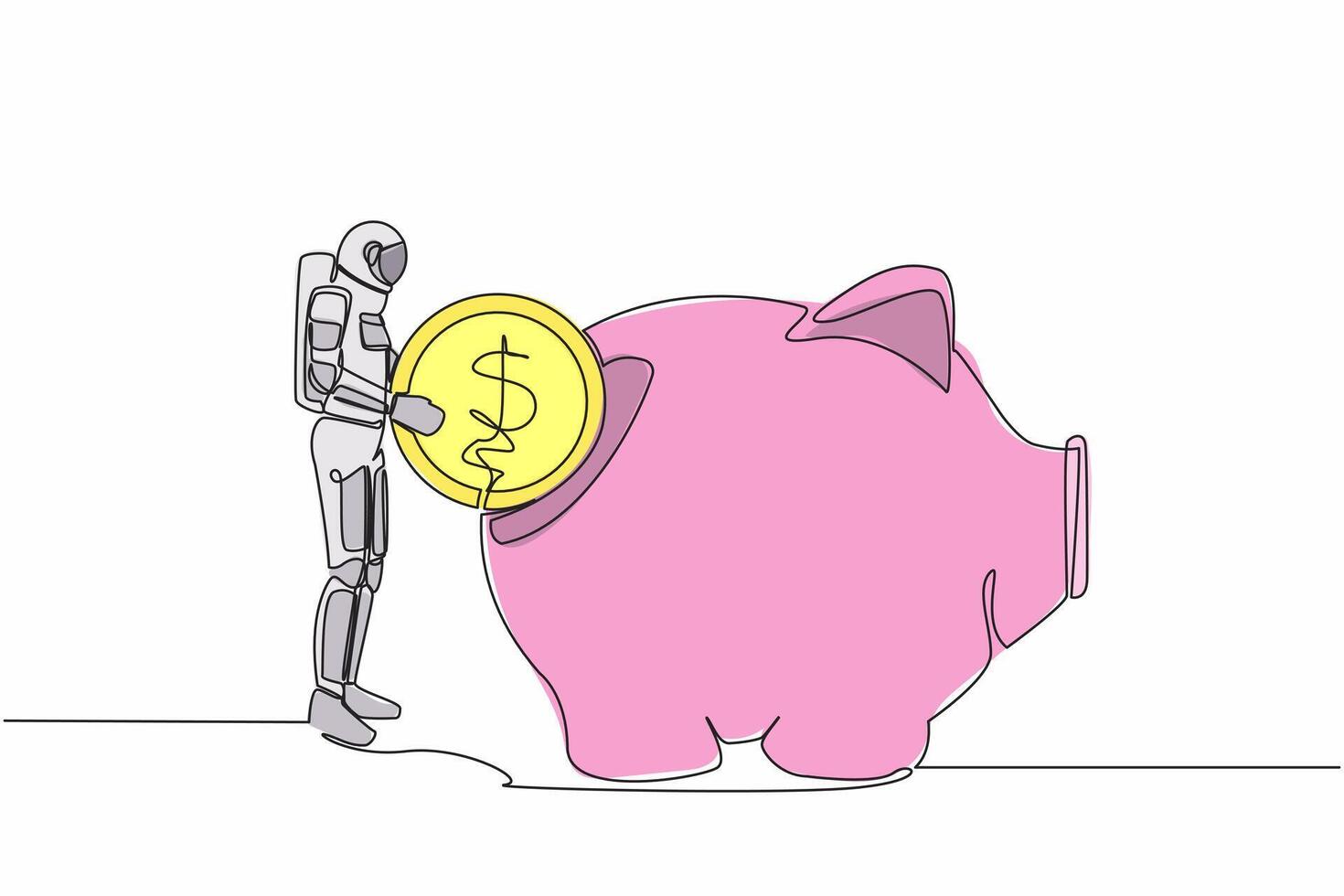 Single one line drawing young astronaut put dollar coin into piggy bank. Investing plan for space interstellar exploration. Cosmic galaxy space. Continuous line draw graphic design vector illustration