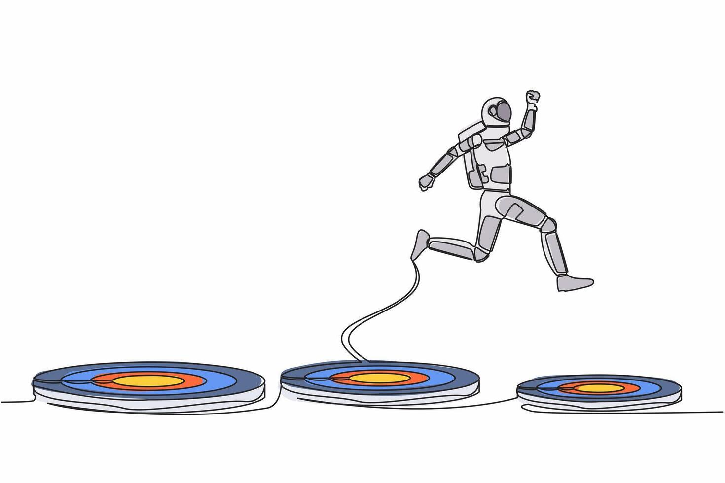 Single continuous line drawing astronaut jumping on bigger target in moon surface. Advancement and achievement in spaceship industry. Cosmonaut deep space. One line graphic design vector illustration