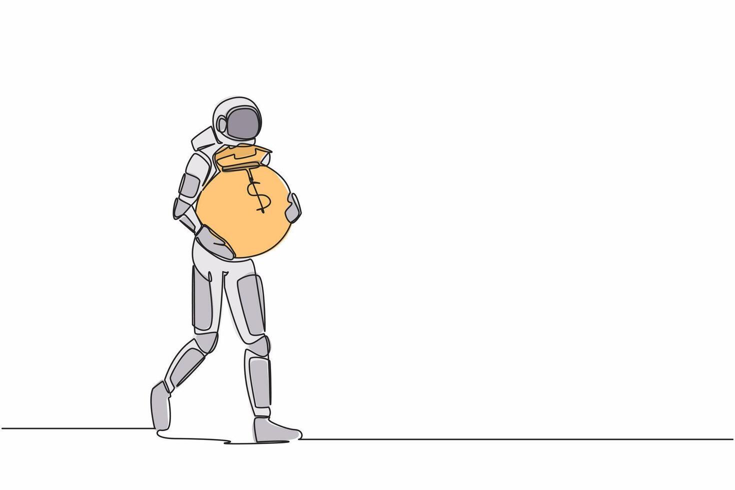 Single one line drawing of astronaut walking and carrying heavy money bag. Funding for future space technology development. Cosmic galaxy space. Continuous line draw graphic design vector illustration