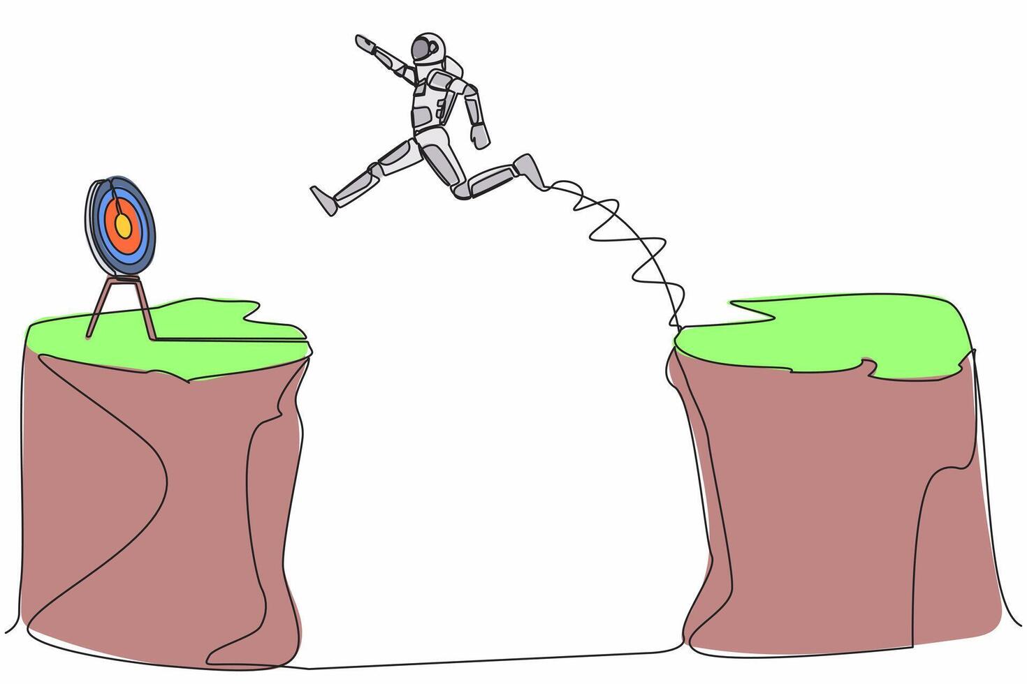 Single one line drawing young astronaut jumping over cliff to reach target. Success move while taking risk in cosmic expedition. Cosmic galaxy space. Continuous line graphic design vector illustration