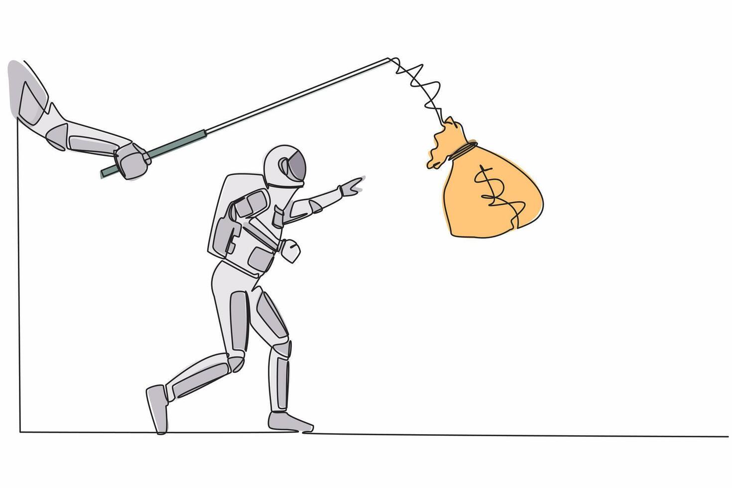Single one line drawing hand with fishing rod and money bag control greedy astronaut. Selfishness to get more bonus from space industry. Cosmic galaxy space. Continuous line design vector illustration