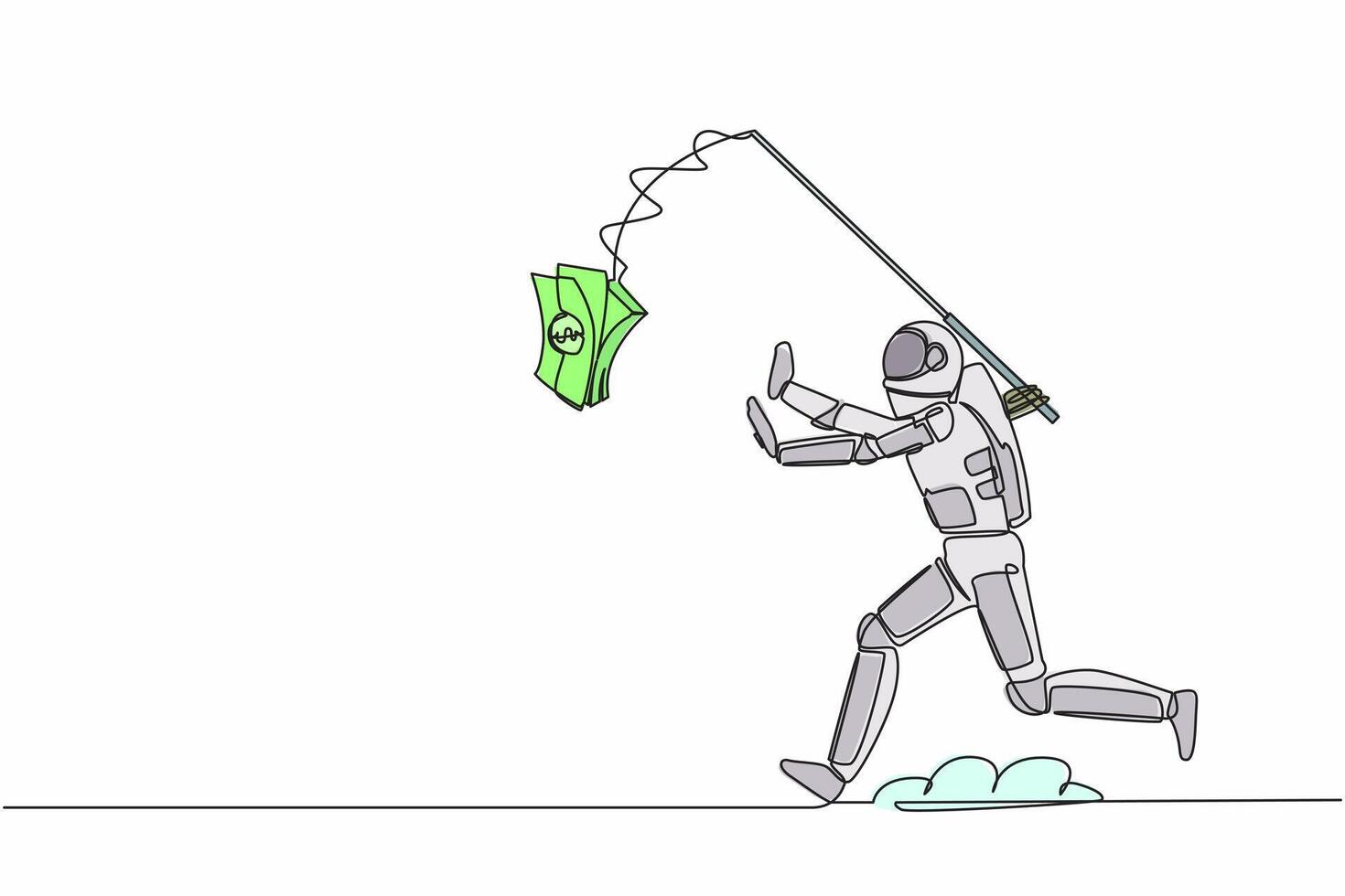 Continuous one line drawing astronaut running chasing bait of banknote from himself. Greedy of collecting money in space industry. Cosmonaut outer space. Single line graphic design vector illustration