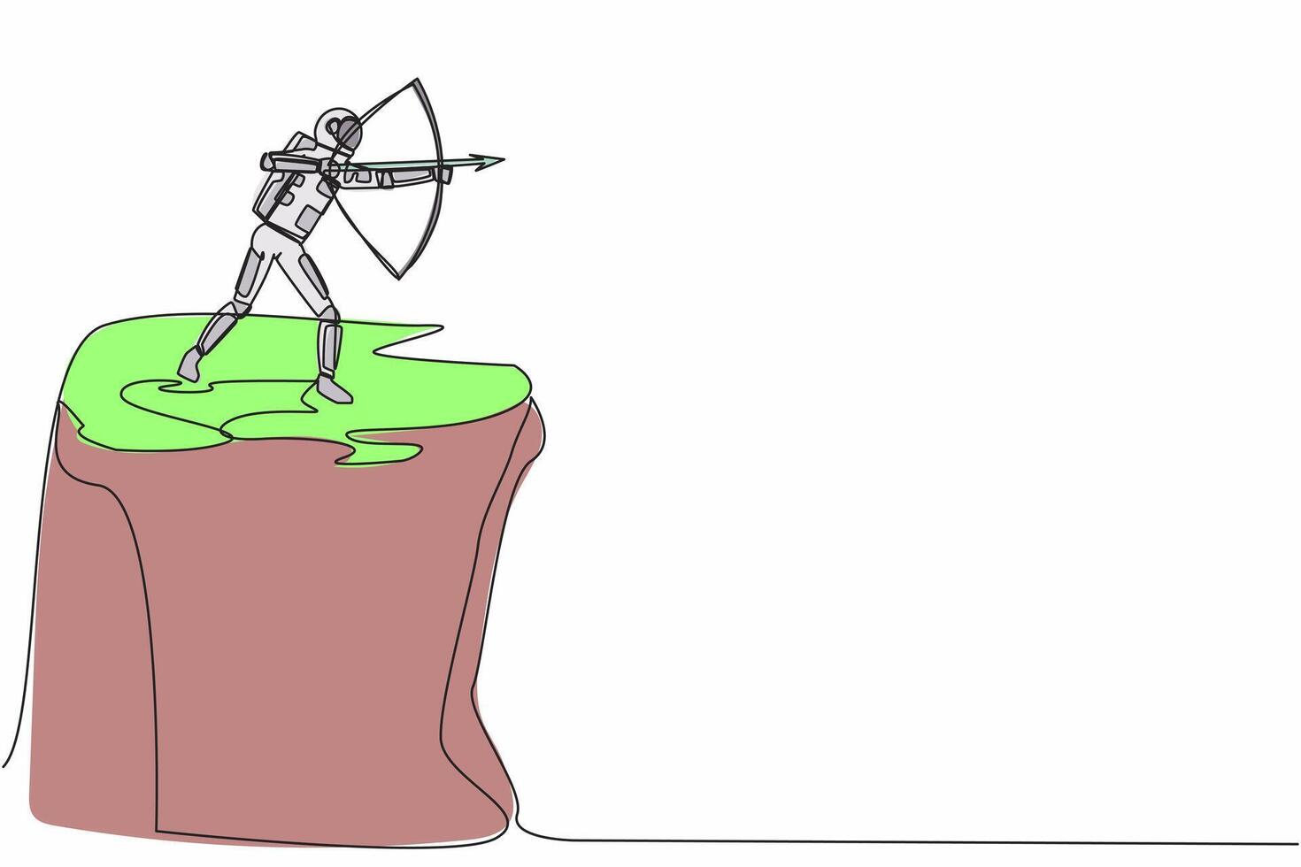 Single continuous line drawing astronaut standing on cliff with archery in hand. Spaceman focus to discovery many planets around galaxy. Cosmonaut deep space. One line draw design vector illustration