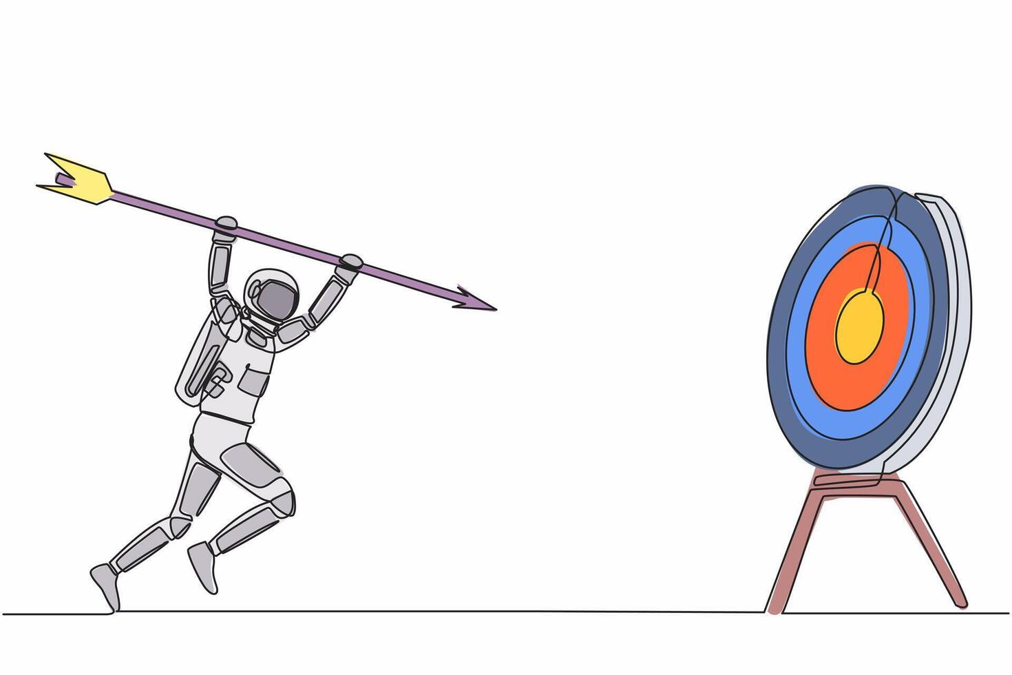 Continuous one line drawing astronaut holding and point big arrow on target. Spaceship interstellar exploration goal achievement. Cosmonaut outer space. Single line graphic design vector illustration