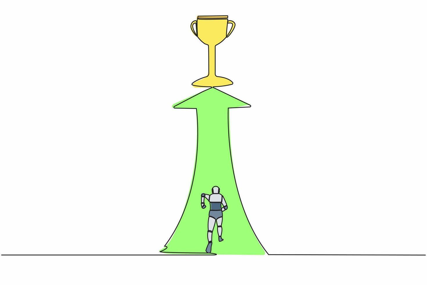 Continuous one line drawing of robot running and reach for trophy. Ability to win concept. Humanoid cybernetic organism. Future robotic development. Single line draw design vector graphic illustration