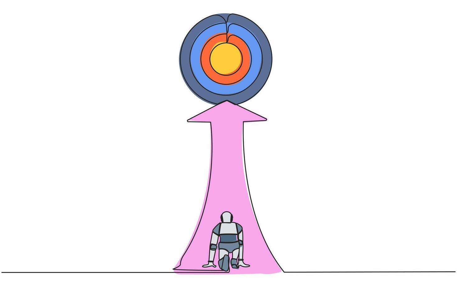Single one line drawing robot ready to run to trophy at end of route. Future technology development. Artificial intelligence machine learning process. Continuous line draw design vector illustration