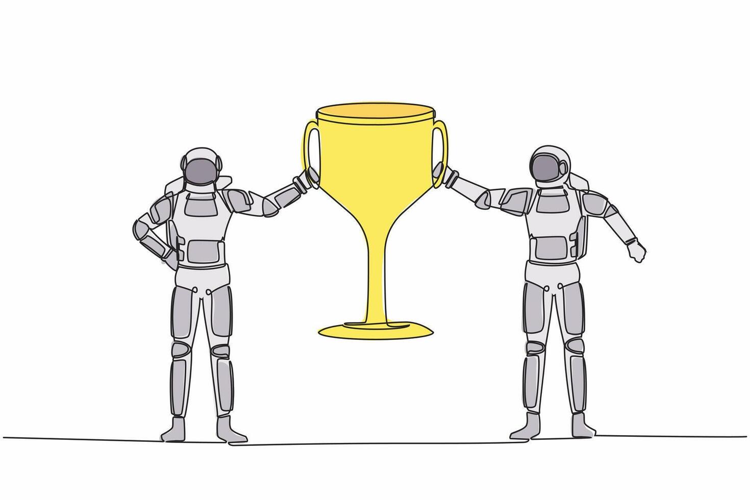 Single continuous line drawing two astronaut holding trophy together. Winner teamwork celebrating spaceship championship victory. Cosmonaut deep space. One line draw graphic design vector illustration