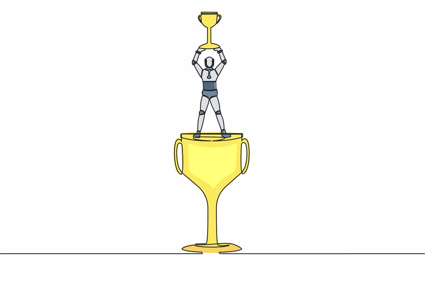 Single one line drawing robot standing above big trophy and lifting up winner cup. Celebrating his tech business award. Artificial intelligence process. Continuous line draw design vector illustration