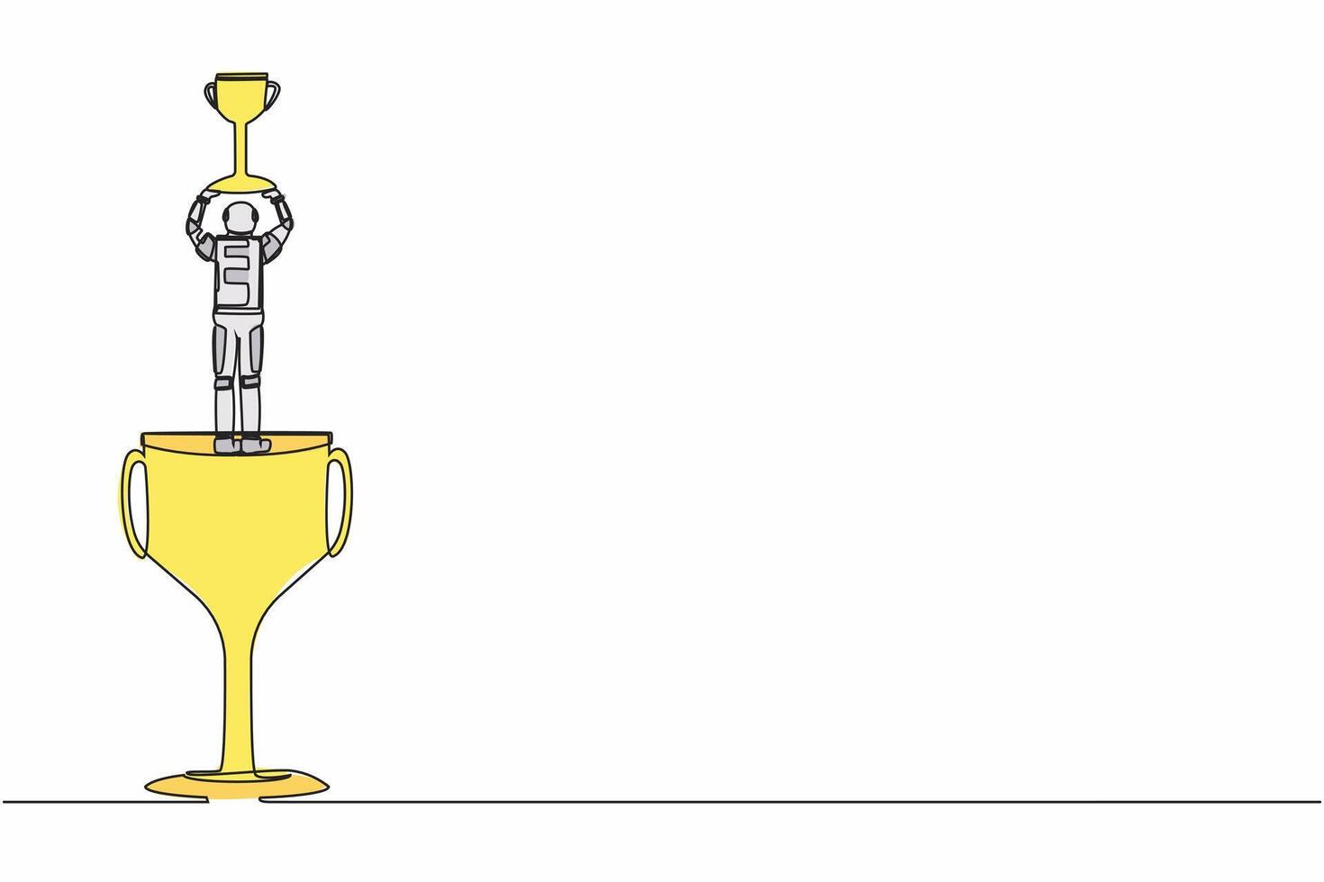 Single one line drawing back view astronaut stand above big trophy and lifting up winner cup celebrating successful in space expedition. Cosmic galaxy space. Continuous line design vector illustration