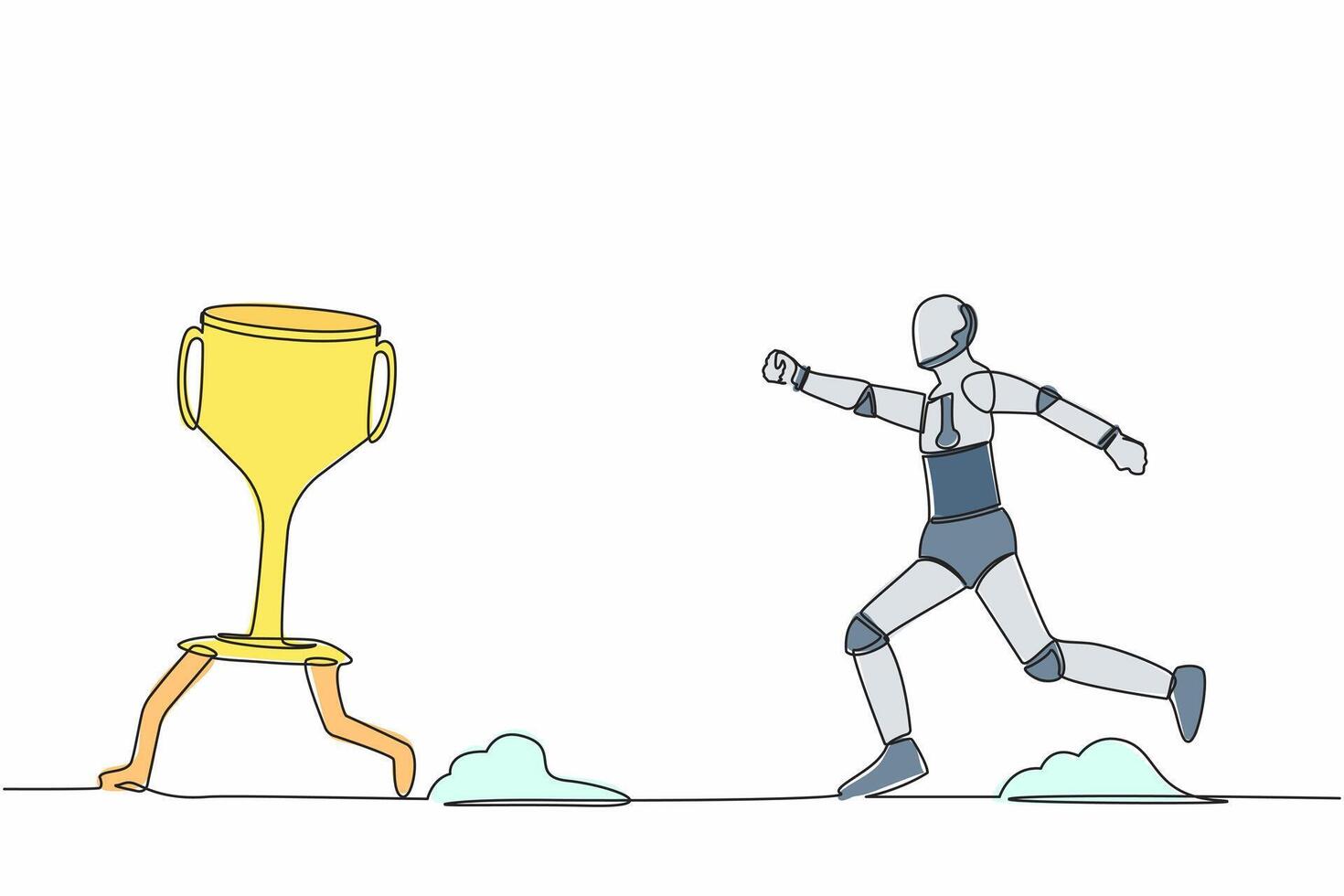 Single continuous line drawing robot trying to catch and running chasing after run away winner trophy. Robotic artificial intelligence. Technology industry. One line graphic design vector illustration