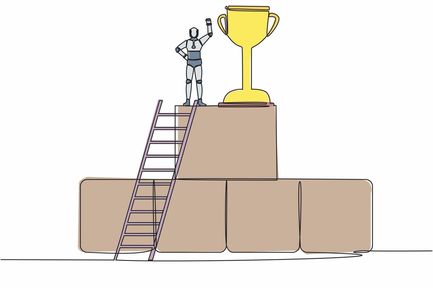 soltero uno línea dibujo robot escalada escalera y en pie con puño arriba gesto en grande gráfico bar junto a enorme trofeo. artificial inteligencia proceso. continuo línea gráfico diseño vector ilustración