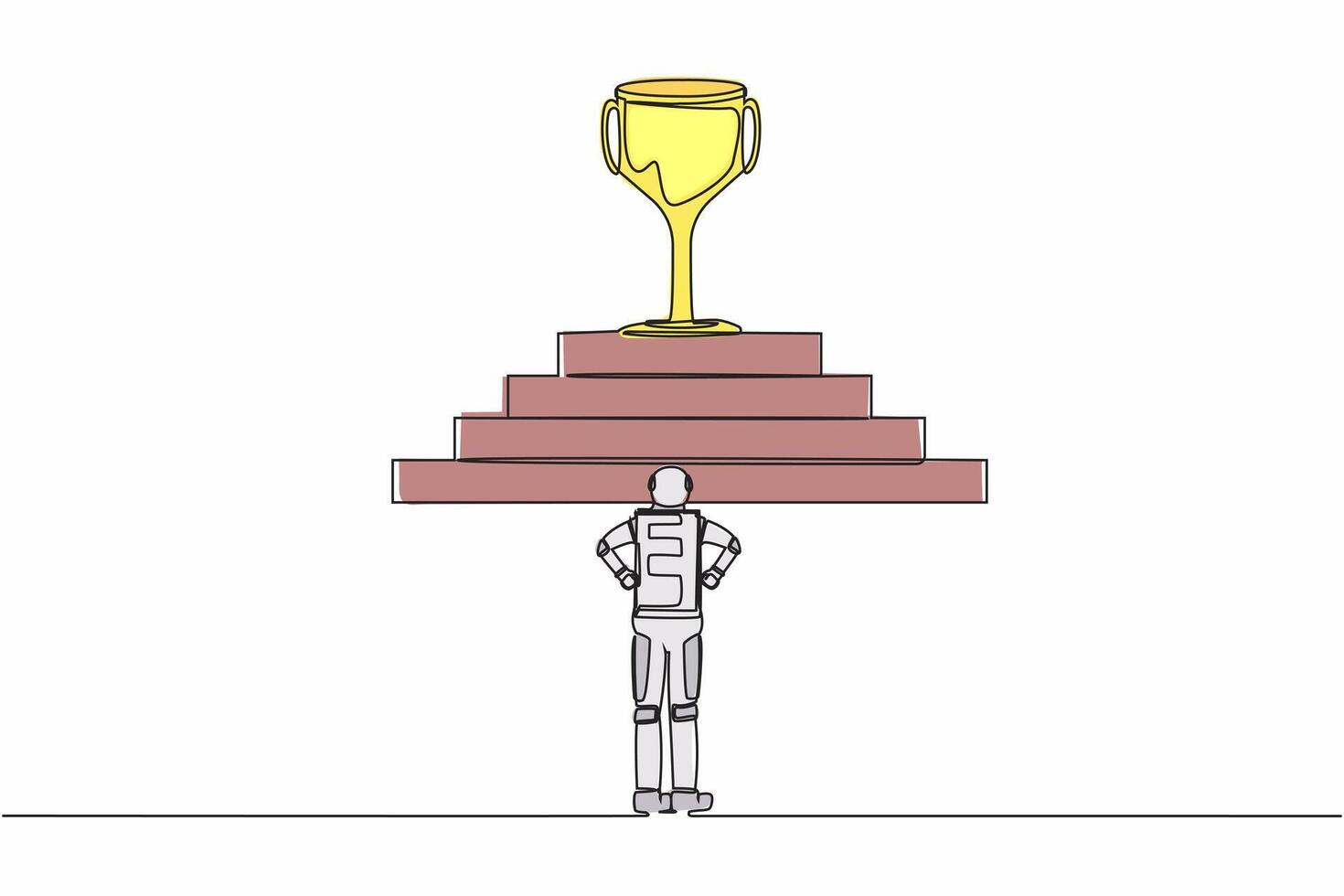 Single continuous line drawing of astronaut standing in front of staircase with trophy on top. Path to success in cosmic exploration. Cosmonaut deep space. One line graphic design vector illustration