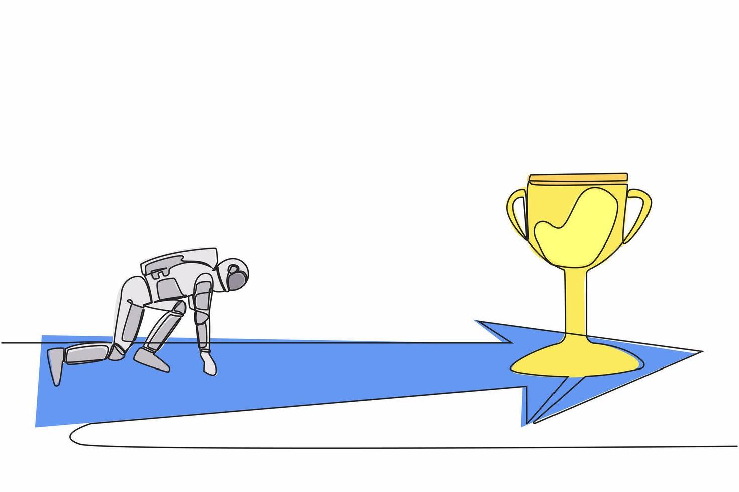 Single continuous line drawing young astronaut ready to run to get trophy. Vision mission in spaceship interstellar expedition. Cosmonaut deep space. One line draw graphic design vector illustration