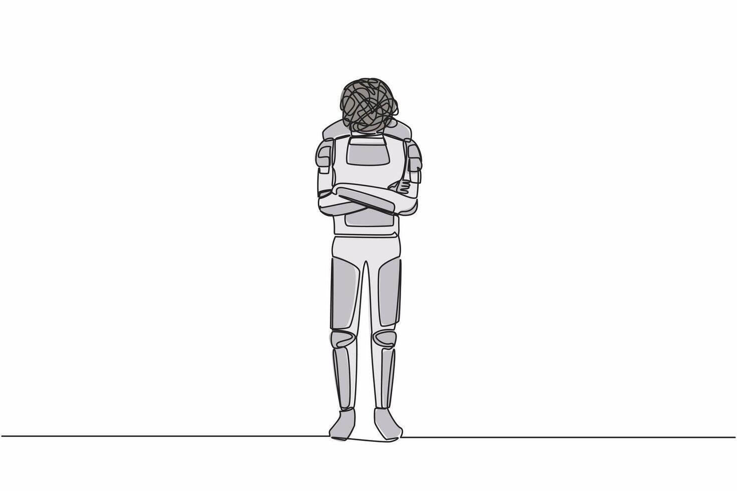 Single one line drawing young astronaut with round scribble instead of head, standing with folded arm pose in moon surface. Cosmic galaxy space. Continuous line draw graphic design vector illustration