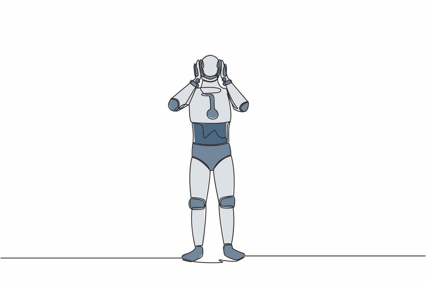 Single continuous line drawing stressed robot with headache, hands on his head, migraine, health problems, pain head. Artificial intelligence machine learning. One line draw design vector illustration