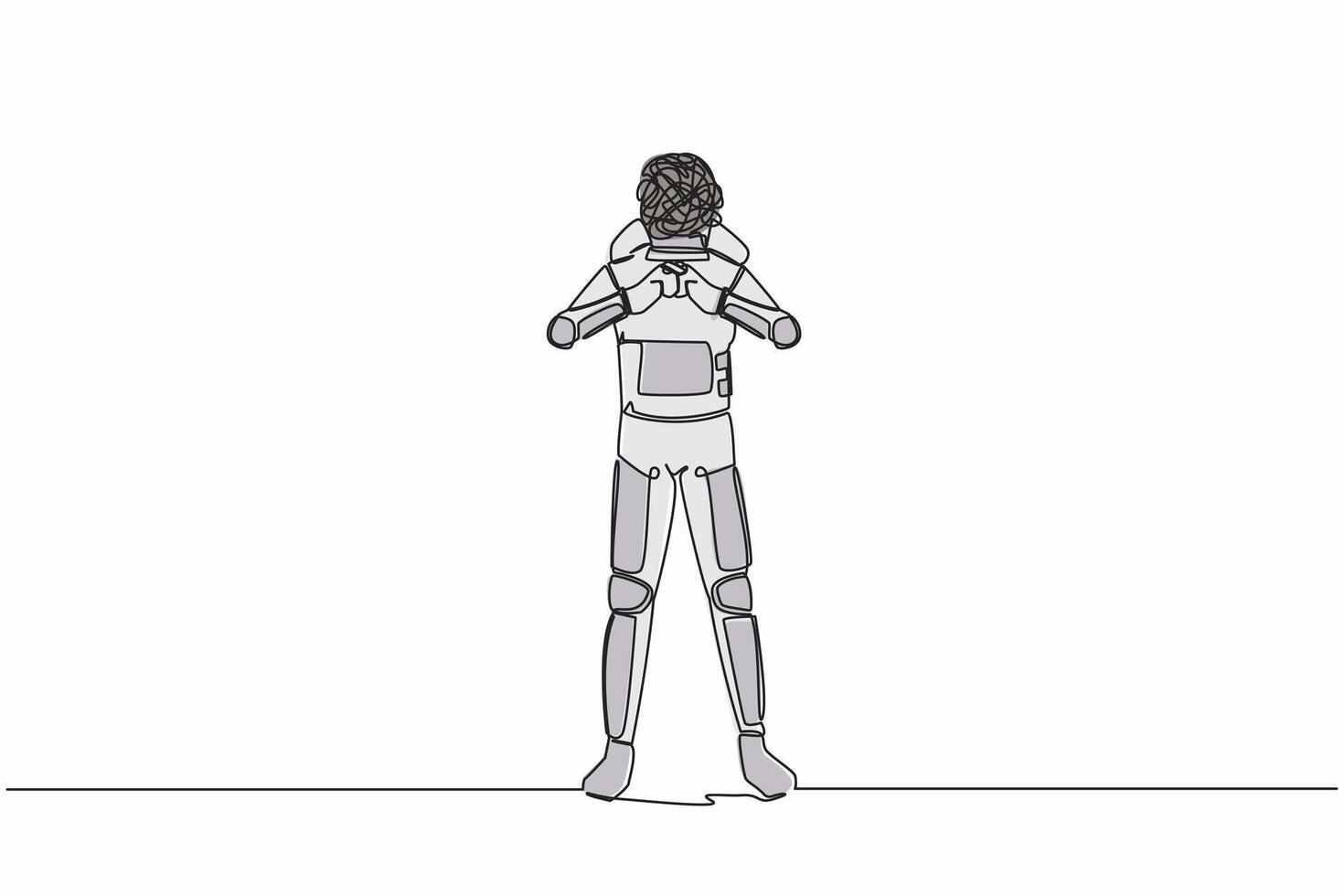 Single one line drawing astronaut with round scribbles instead of head. Sign crossing fingers forming x. Cross, wrong or banned. Cosmic galaxy space. Continuous line graphic design vector illustration