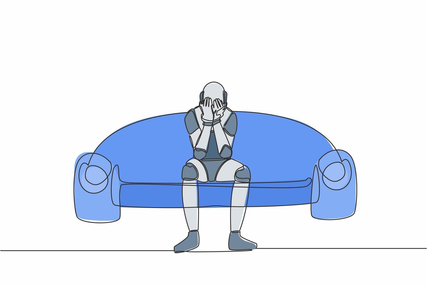 Single one line drawing lonely robot sitting on couch. Holding his head. Failure concept. Robotic artificial intelligence. Technology industry. Continuous line draw design graphic vector illustration