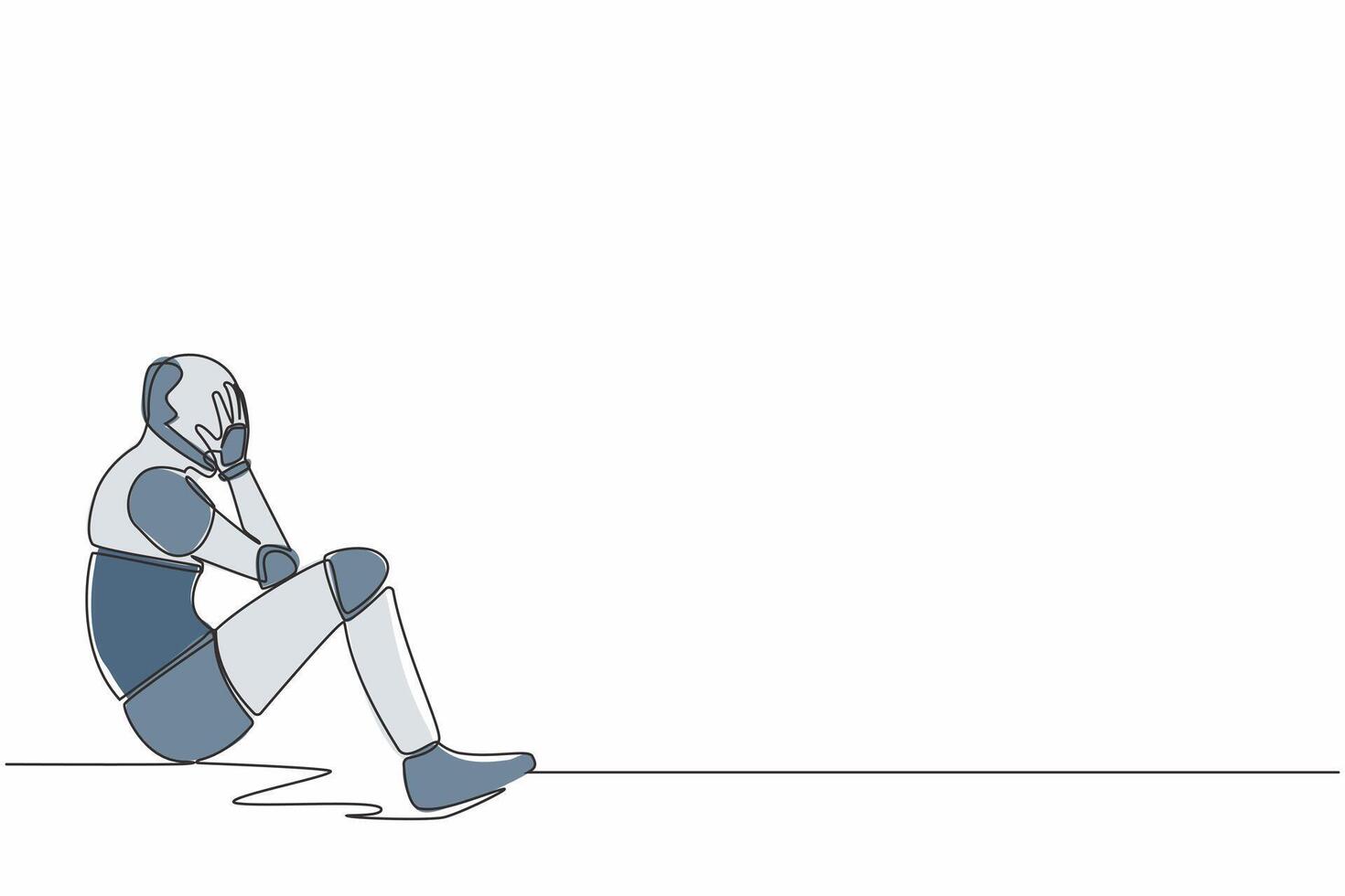 continuo uno línea dibujo robot cubrir su rostro, sensación triste y depresión sentado en el piso. humanoide cibernético organismo. futuro robótico desarrollo. soltero línea dibujar diseño vector ilustración