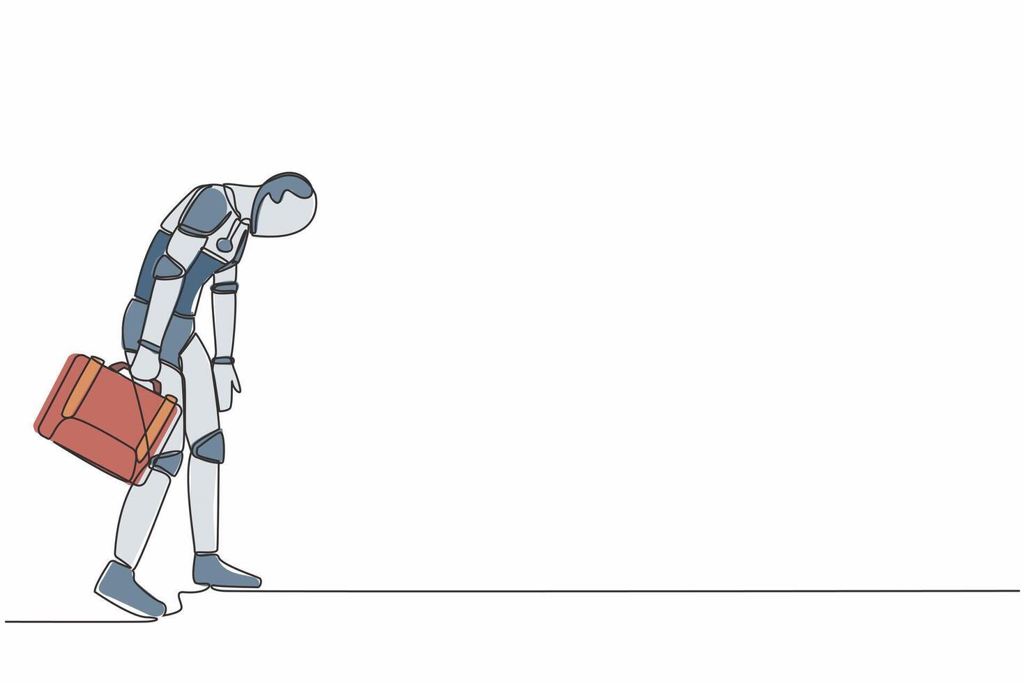 Single one line drawing robot looking down, holding briefcase. Bankruptcy on global economic recession. Robotic artificial intelligence. Tech industry. Continuous line draw design vector illustration