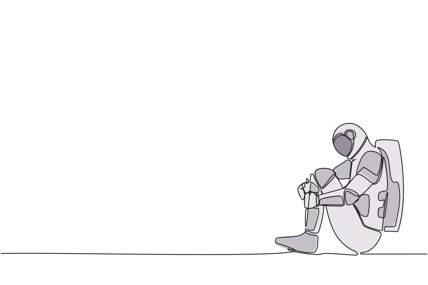 Single one line drawing of astronaut suffer sadness melancholy sitting in despair on the floor. Failed in spaceship exploration. Cosmic galaxy space. Continuous line graphic design vector illustration