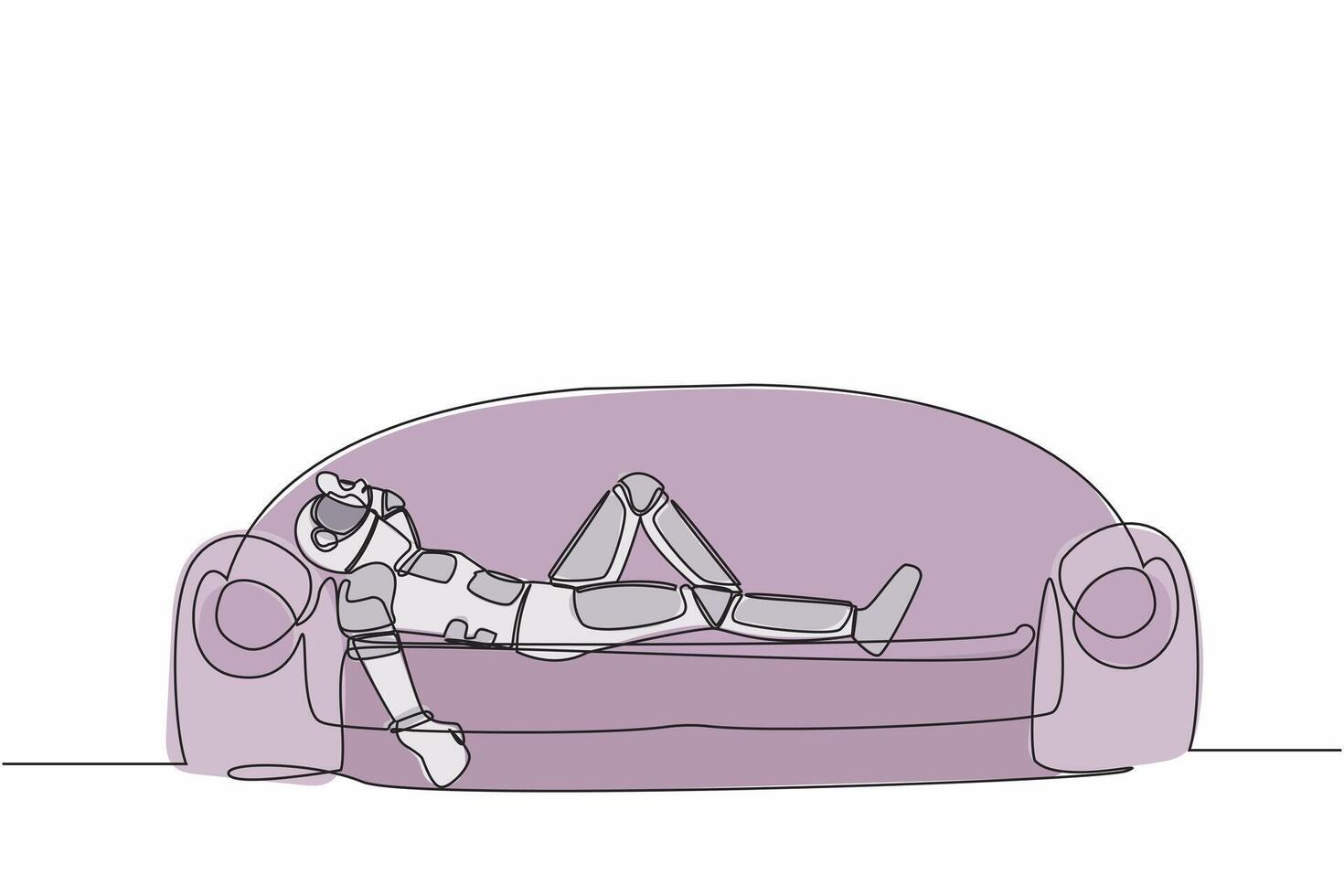 Single continuous line drawing depressed astronaut holding his head lying on sofa. Stressed and anxiety on space journey failure. Cosmonaut deep space. One line draw graphic design vector illustration
