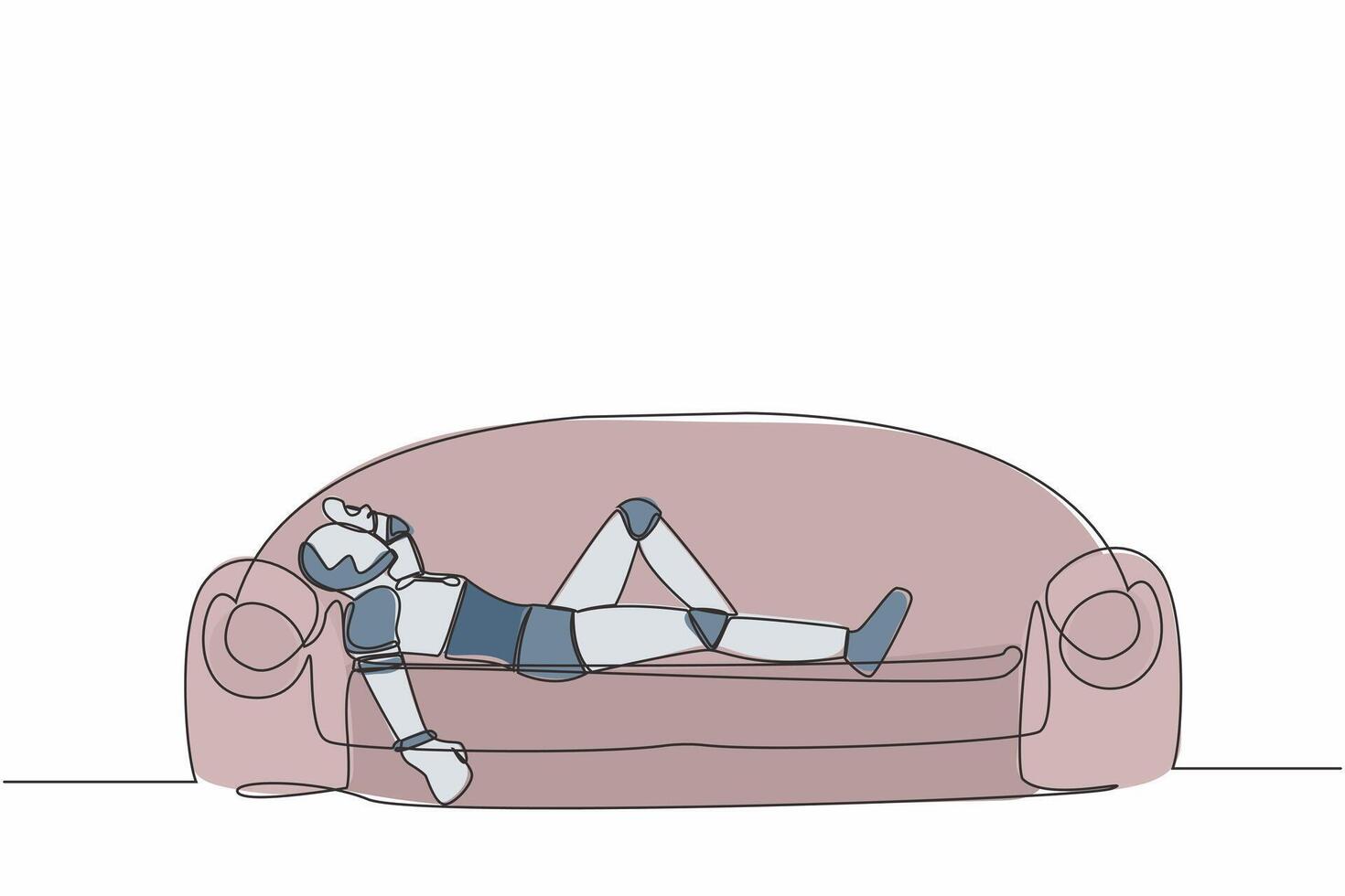 Continuous one line drawing of frustrated robot holding his head lying on sofa. Stressed and anxiety on failure. Humanoid robot cybernetic organism. Single line draw graphic design vector illustration