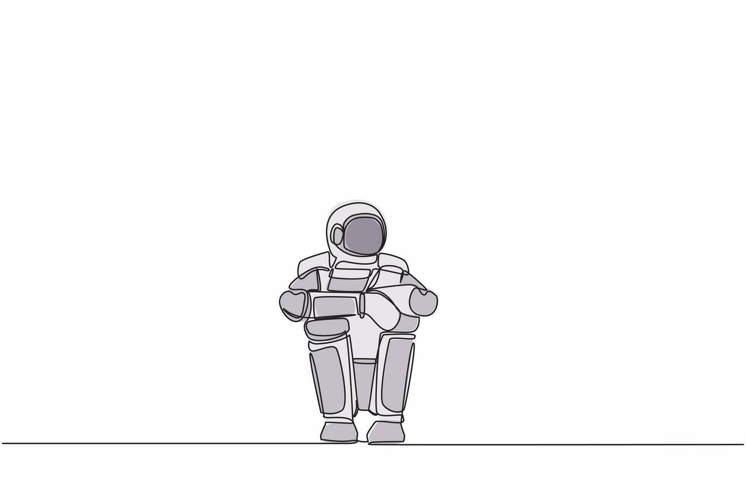 Single one line drawing sad young astronaut suffer emotion sitting in despair on floor. Galactic journey project failure. Cosmic galaxy space. Continuous line draw graphic design vector illustration