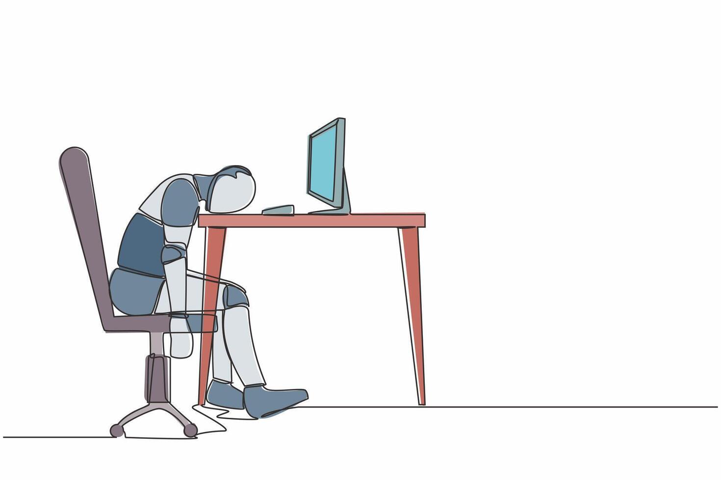 soltero uno línea dibujo agotado enfermo cansado robot triste aburrido sentado con cabeza abajo en escritorio. robótico artificial inteligencia. tecnología industria. continuo línea diseño gráfico vector ilustración