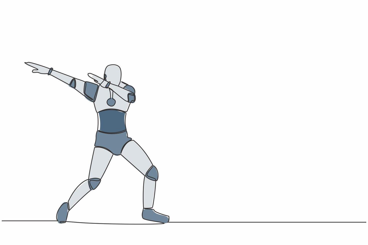 Single continuous line happy robot standing with crossing arms and look down. Future robotic development. Artificial intelligence machine learning process. One line design vector graphic illustration