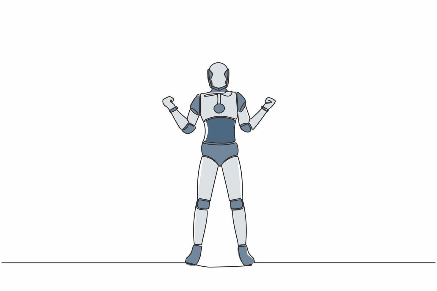 Continuous one line drawing of happy robot standing with both hands yes gesture. Humanoid cybernetic organism. Future robotic industry development. Single line draw graphic design vector illustration