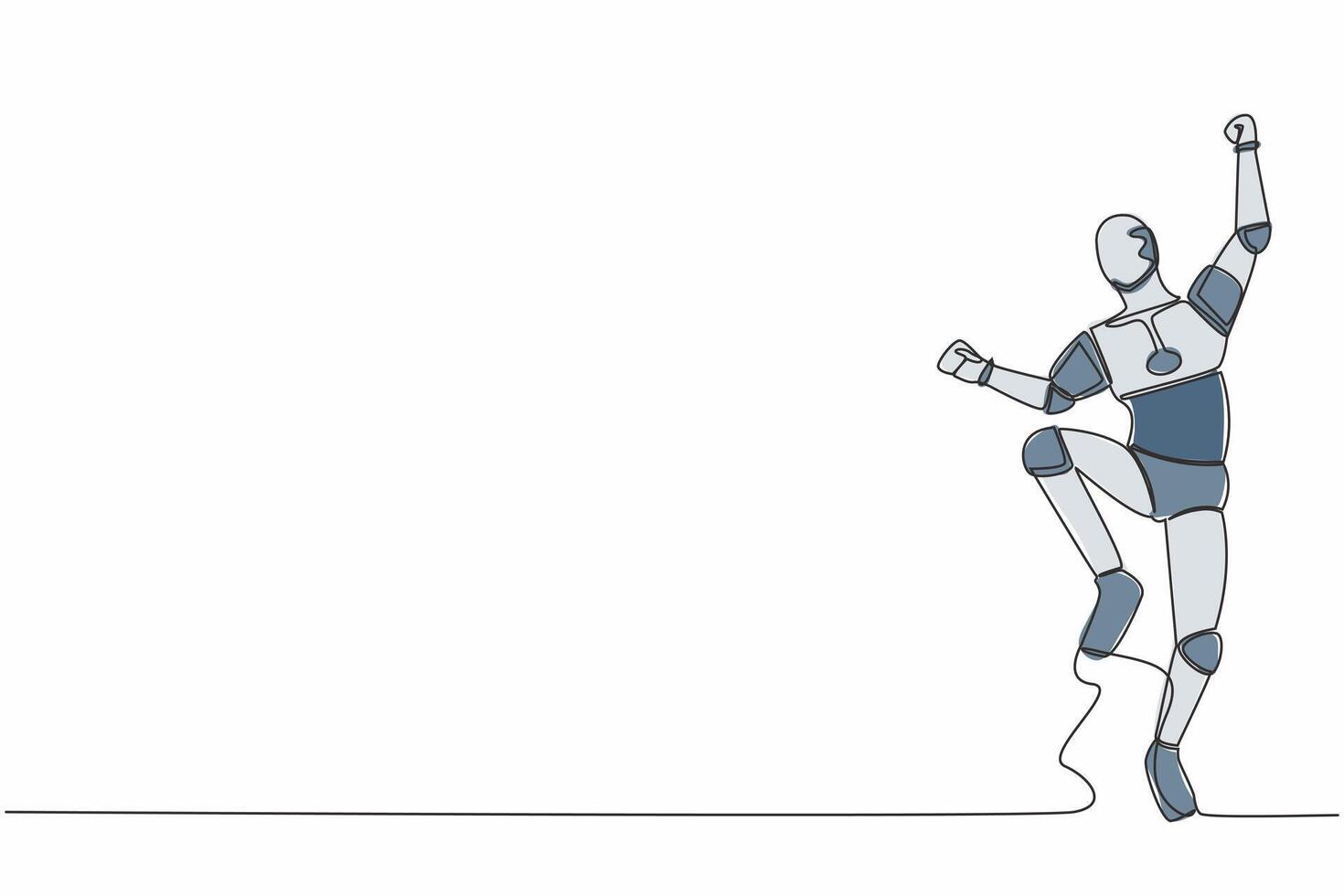 Single one line drawing happy robot jump with folds one leg and raises one hand. Winning business project. Artificial intelligence. Technology industry. Continuous line draw design vector illustration