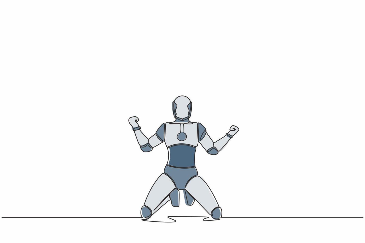 Continuous one line drawing of happy robot kneeling with both hands yes gesture, celebrating success. Humanoid cybernetic organism. Future robotic. Single line draw graphic design vector illustration