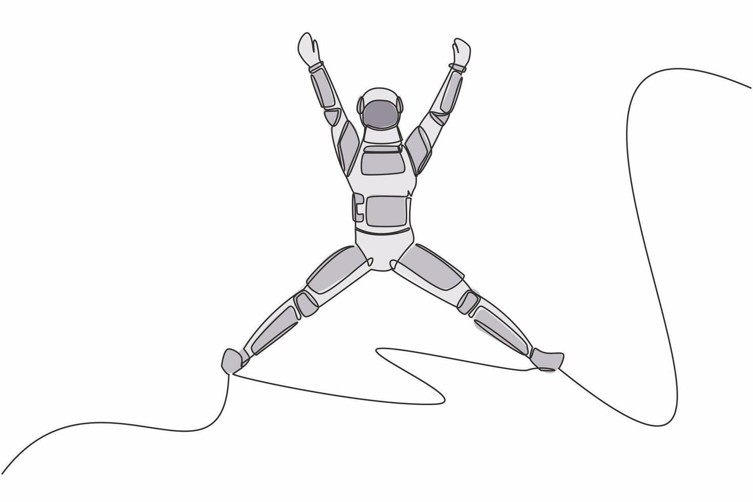 Continuous one line drawing happy astronaut jumping with raised his arms and legs. Successful in spaceship business project. Cosmonaut outer space. Single line draw graphic design vector illustration