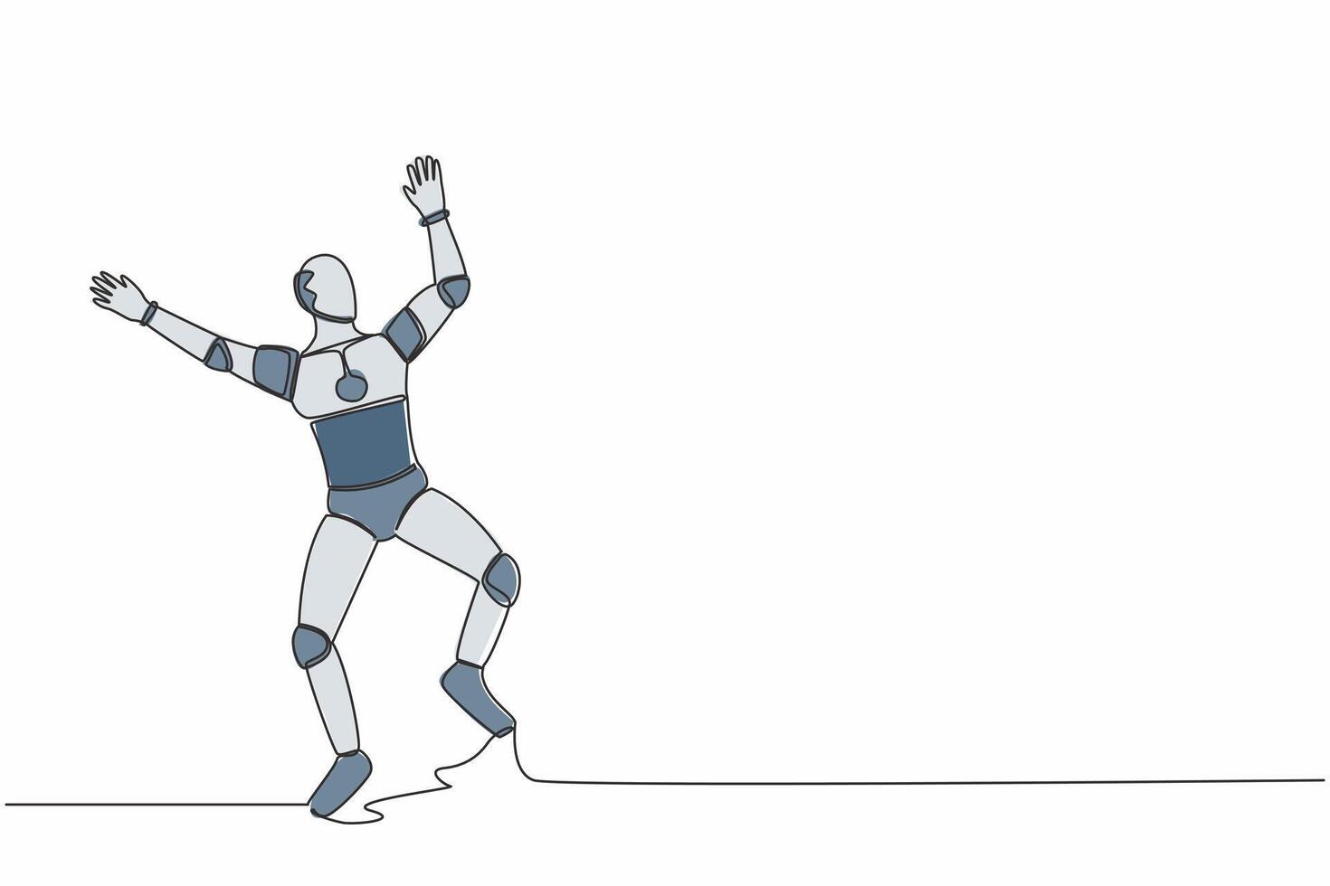 Continuous one line drawing happy robot jump with both hands raised. Successful in tech business project. Humanoid cybernetic organism. Future robotic. Single line graphic design vector illustration