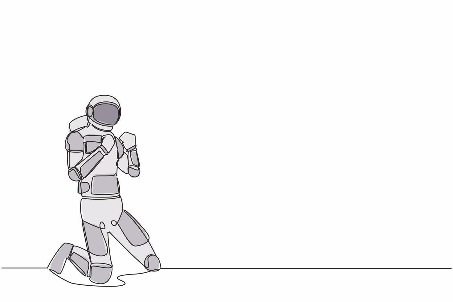 Single continuous line drawing happy astronaut kneeling with both hands yes gesture. Success spacecraft exploration goal target. Cosmonaut deep space. One line draw graphic design vector illustration