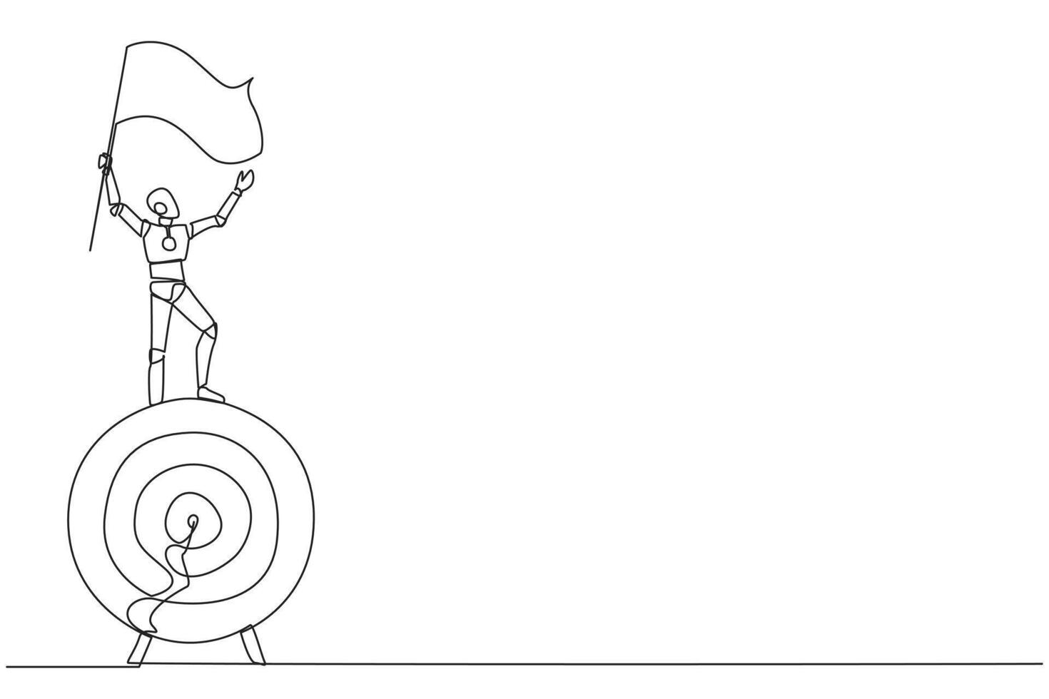 Single one line drawing of robotic artificial intelligence standing on giant arrow target board holding fluttering flag. Train the robot become entrepreneur. Continuous line graphic illustration vector