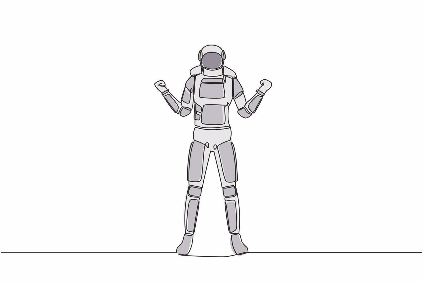 Single one line drawing happy astronaut standing with both hands yes gesture. Celebrating successful interstellar exploration. Cosmic galaxy space. Continuous line graphic design vector illustration