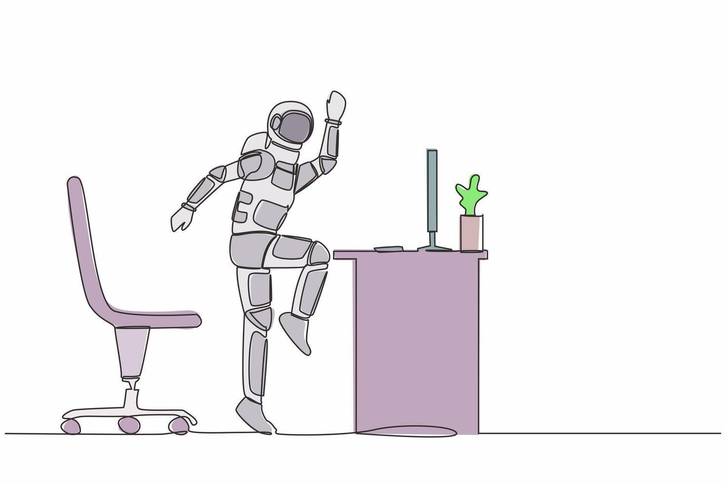 Single continuous line drawing happy astronaut jumping and dancing on his computer desk. Celebrating success space exploration. Cosmonaut deep space. One line draw graphic design vector illustration