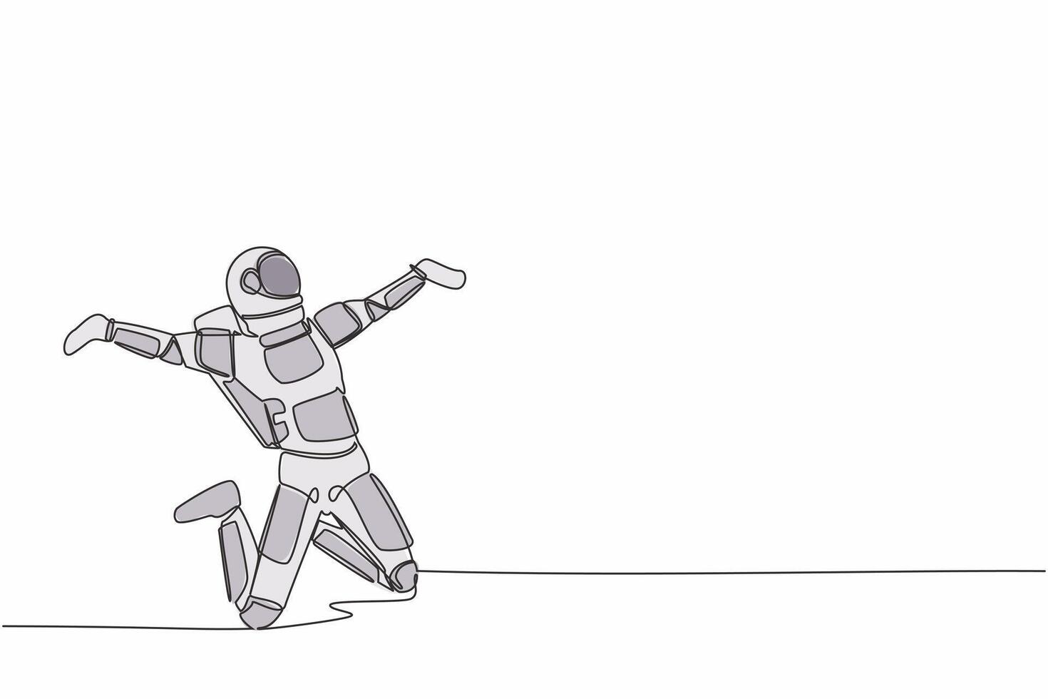 Single continuous line drawing of happy astronaut jumping with raised legs and spread arms. Celebrate successful in spacewalk project. Cosmonaut deep space. One line graphic design vector illustration