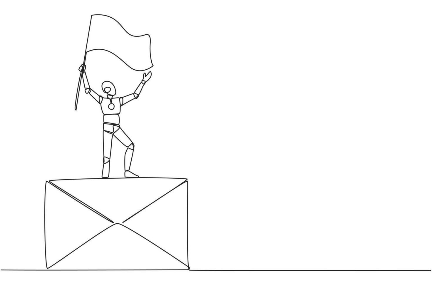 Single one line drawing of robotic artificial intelligence standing on giant email icon holding fluttering flag. Concept robots reply to emails. Chatbots. Continuous line design graphic illustration vector