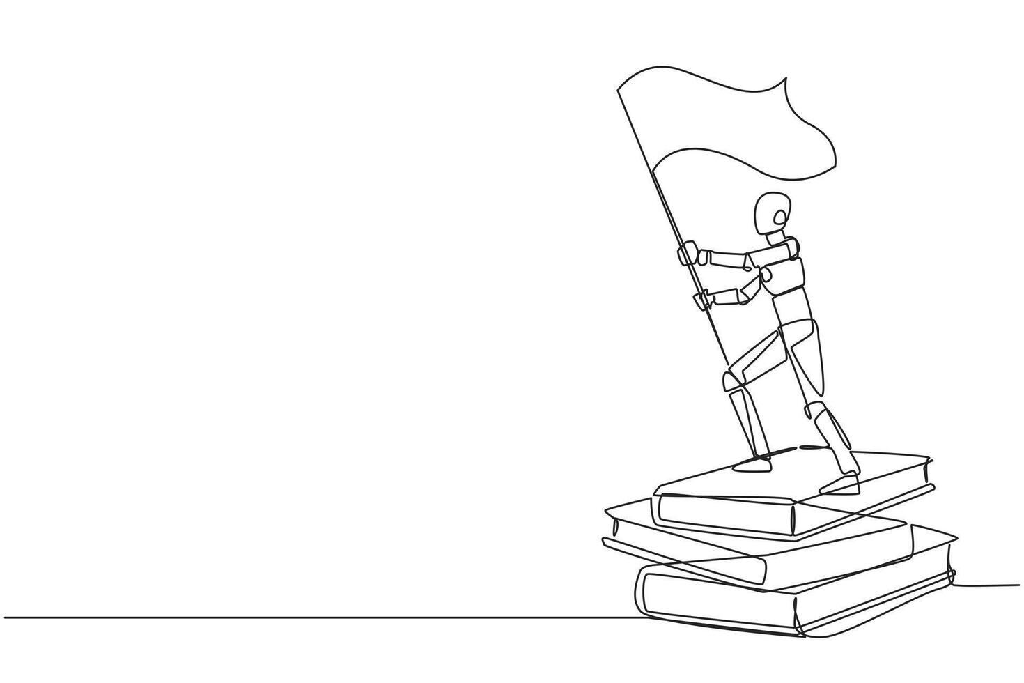 Continuous one line drawing robots standing on stacks of giant books holding flag. Artificial intelligence can make robot to read the book about business. Single line draw design vector illustration