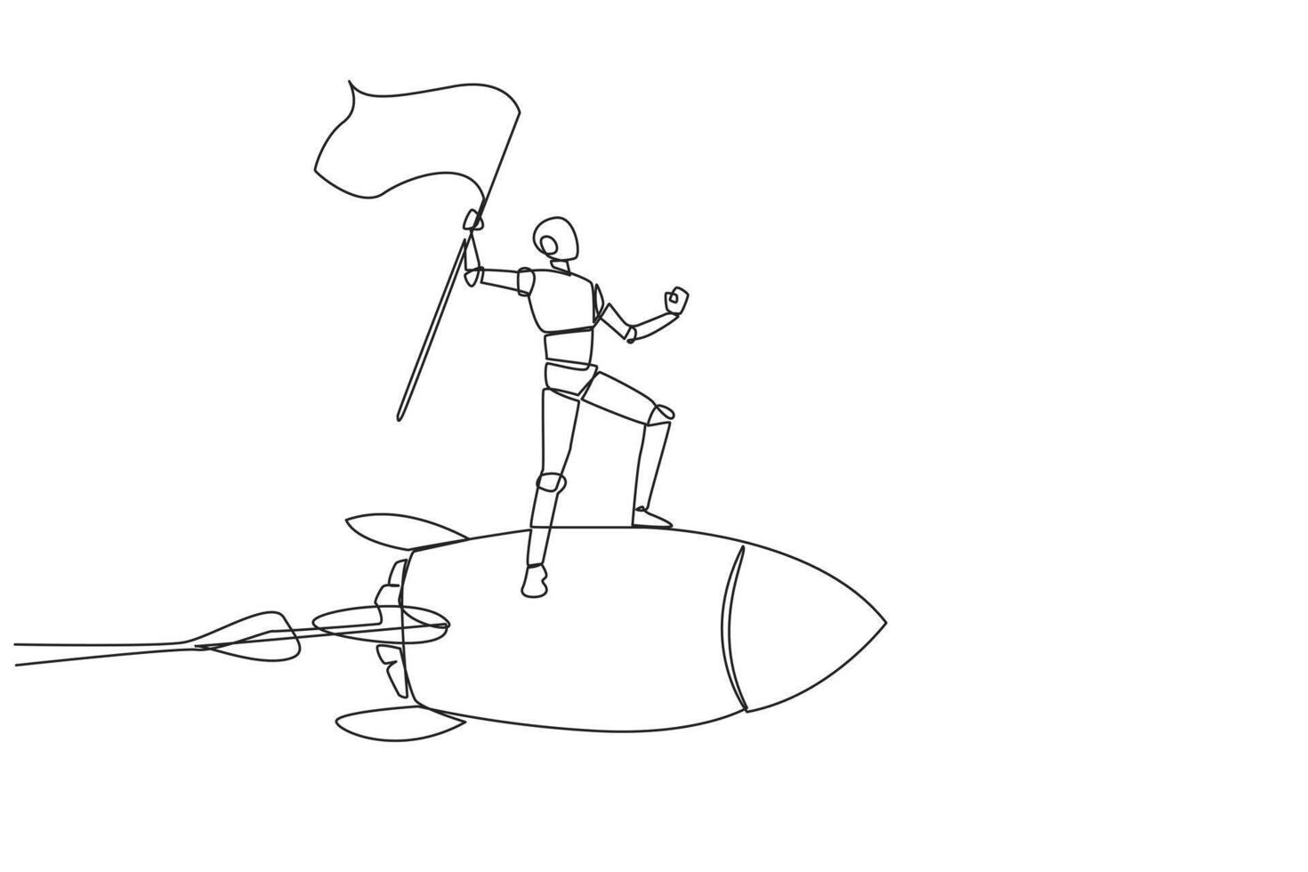 Single continuous line drawing of robot standing on flying rocket through the sky holding the flag. Entrepreneur make a robot to starting a new business startup. One line design vector illustration