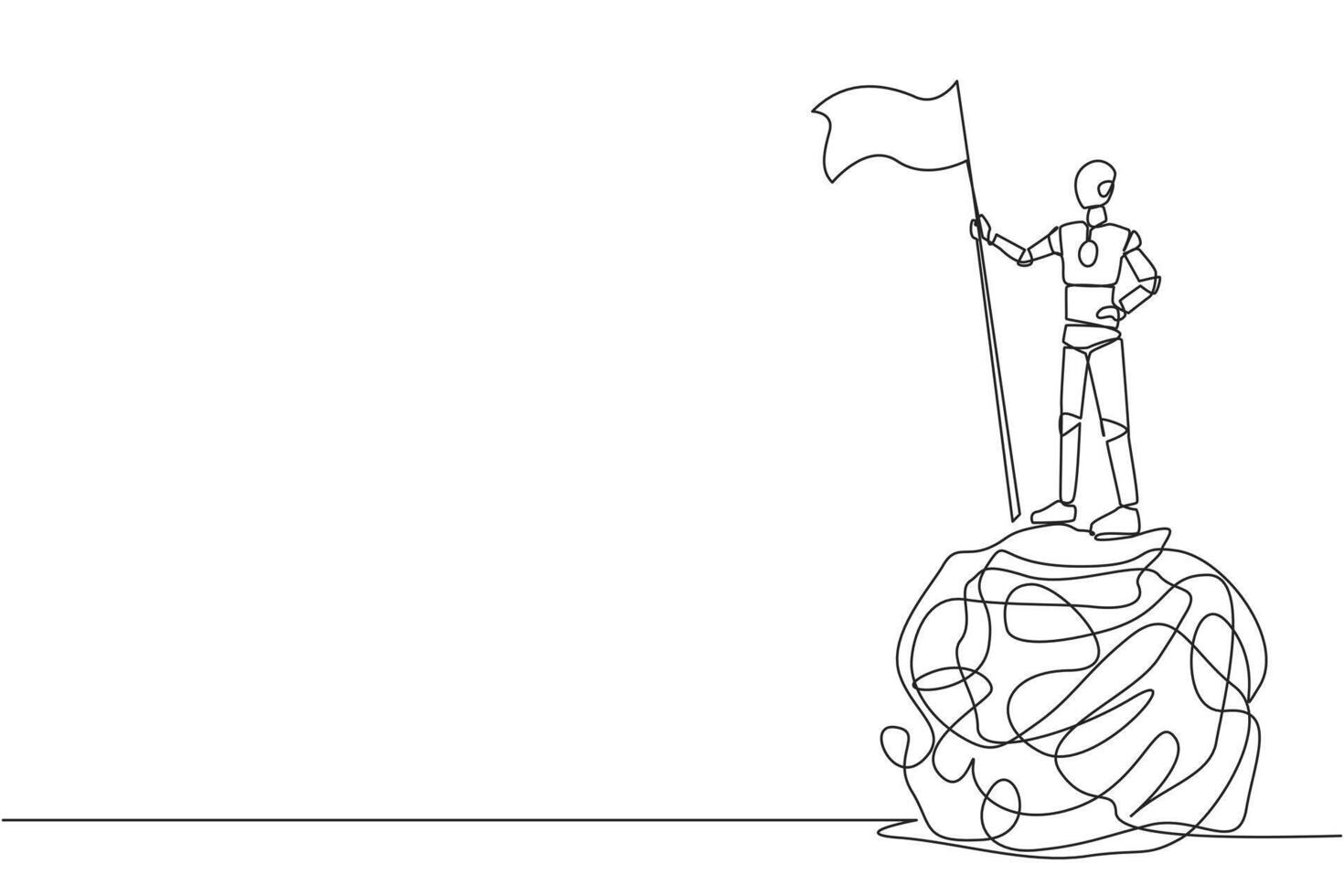 Continuous one line drawing of artificial intelligence robotic standing on giant tangled circle holding flag. Program the robot to have no feelings of anxiety. Single line design vector illustration