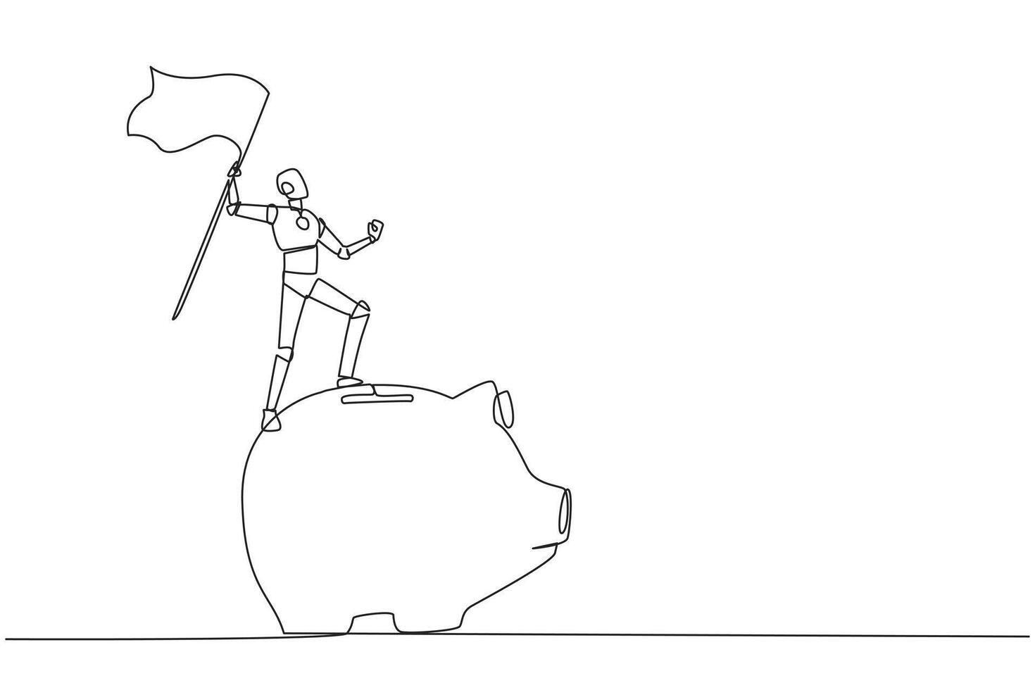 Single continuous line drawing of robotics artificial intelligence standing on giant piggy bank holding a fluttering flag. Robot invites to invest for business balance. One line vector illustration