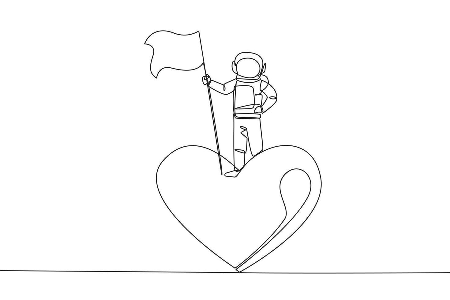 Single continuous line drawing young energetic astronaut standing on giant symbol heart. Astronauts do charity for fellow astronaut families. Cosmonaut deep space. One line design vector illustration